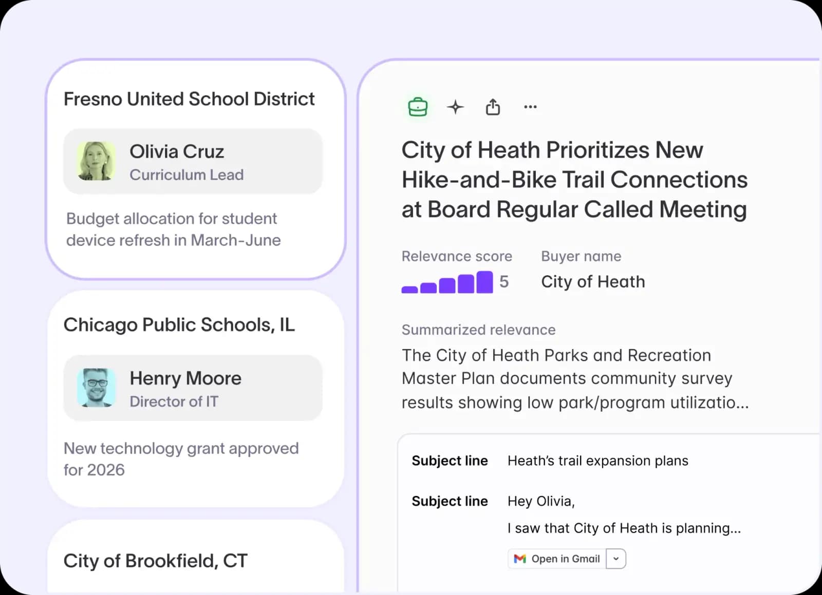 A feed of district and city accounts beside an opened buying signal showing its relevance score, a summary of the board document behind it and a drafted outreach email